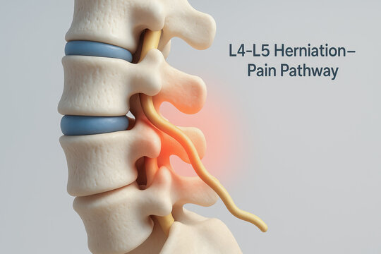 3D medical illustration of L4-L5 herniated disc pressing on spinal nerve, showing pain pathway. Perfect for health education, physiotherapy content, and chiropractic visual aids.