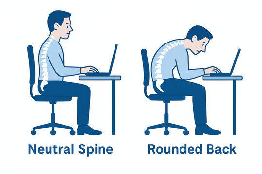 Neutral spine rounded back posture education herniated disc health awareness concept showing correct and incorrect sitting position to prevent spinal injury and promote ergonomic wellbeing