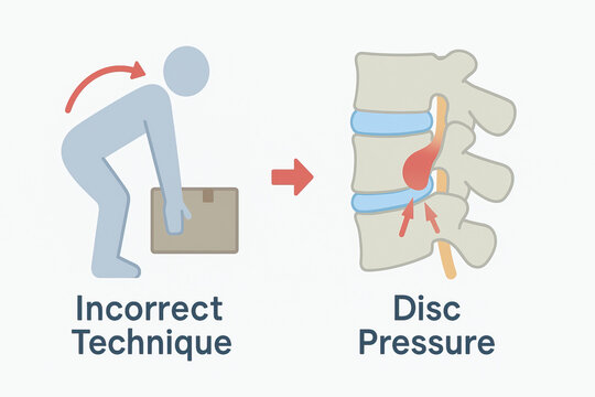 Herniated disc health awareness concept infographic showing improper lifting causing spinal disc pressure and pain
