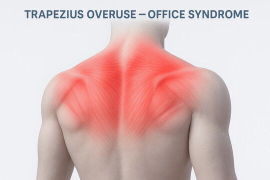Trapezius muscle overuse causing neck and upper back pain herniated disc health awareness concept posture strain office ergonomics relief