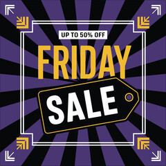 Friday Sale Banner Design with 50% Discount Offer on Purple and Black Background