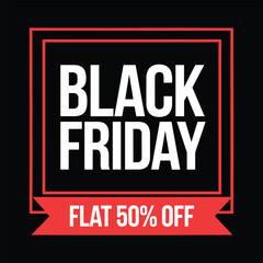 Black Friday sale banner with red ribbon and flat 50 percent off