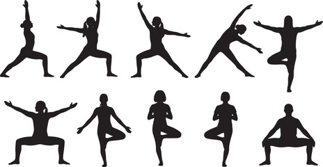 Black Solid Standing Yoga Poses Silhouette Set of Six