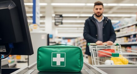 Man buys essential first aid kit at checkout, ready for emergencies and preparedness in everyday life
