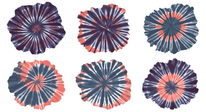 Vector  a collection of six tie dye patterns with radial designs in shades of blue and orange hue