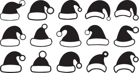 Santa Hats Silhouettes Collection of Festive Christmas Headwear with Pompoms and Fur Trims