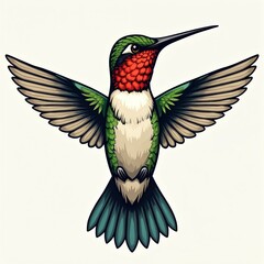 Obraz premium Hummingbird tattoo illustration in traditional flash style. Colorful small bird with spread wings. Vintage graphic art drawing for body art design. Classic old school ink symbol isolated on white