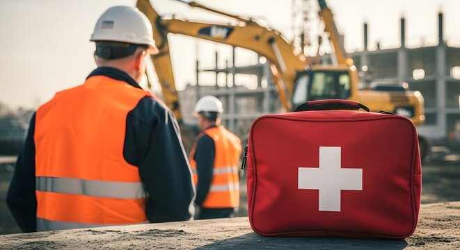 Construction site safety first aid kit ready with workers and heavy machinery in background, ensuring preparedness and care on site.
