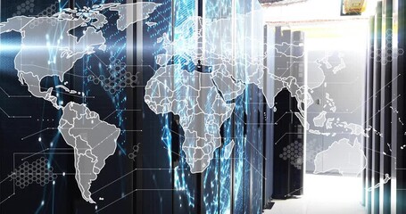 Blue particles streaming across server racks swirling into globe mapping connections showing flow - Powered by Adobe