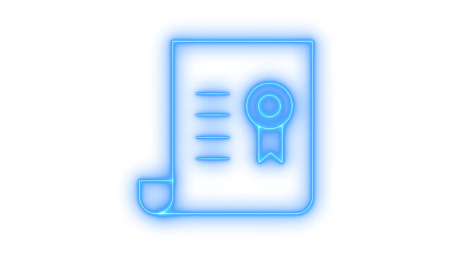 Glowing neon certificate or diploma icon isolated on transparent background. Official record. Academic achievement. Professional license. Course completion.