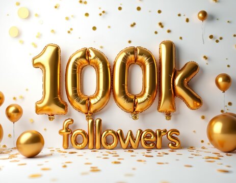 Golden balloons spell out 100K followers with confetti and spheres creating a festive celebratory atmosphere. This signifies a major online achievement or milestone.