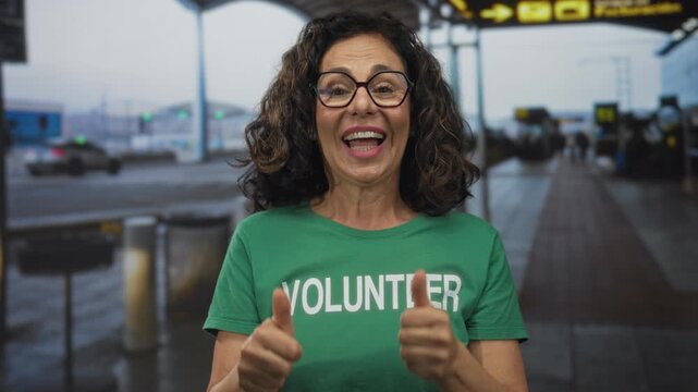 Hispanic woman in volunteer uniform smiling with thumbs up at an airport terminal outdoors, conveying positivity and helpfulness in a busy travel environment.