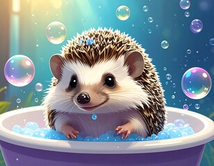 Cute hedgehog bathed in bubbly water, surrounded by colorful bubbles