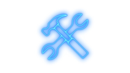 Glowing neon hammer and wrench icon isolated on transparent background. Maintenance symbol. Repair sign. Settings tool. Engineering pictogram.