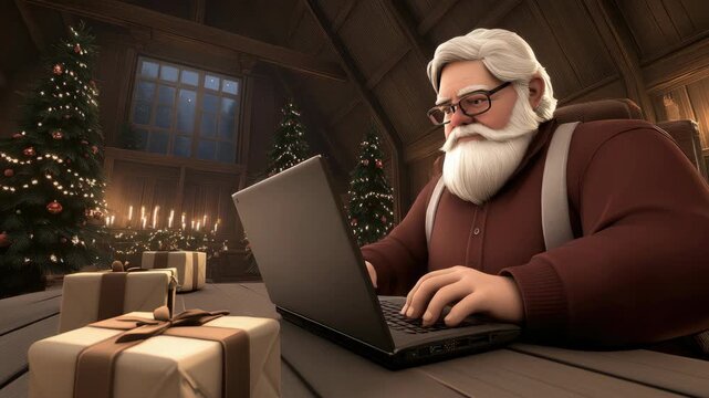 Santa works diligently on his computer, surrounded by festive decorations and presents, getting ready for the holidays