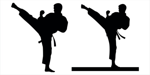 Dynamic High Kick Martial Artist Silhouette Vector Illustration. Ideal for Martial Arts Logos, Fitness Websites, Sports Banners, and Action Design.