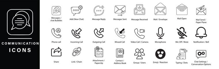 Modern icons for communication, conversation, and social apps. Great for chat, call, and mail designs.