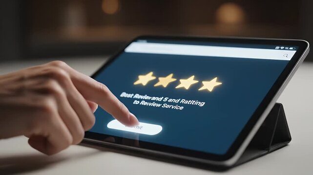 Finger Tapping Four Golden Star Ratings on Dark Blue Digital Tablet Screen for Experience Satisfaction Evaluation Feedback
