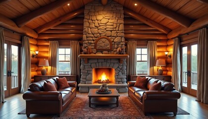 Rustic log cabin living room large stone fireplace with warm fire. Two comfy brown leather couches face. Large windows show green nature outside. Wood beams, walls create cozy, inviting atmosphere.