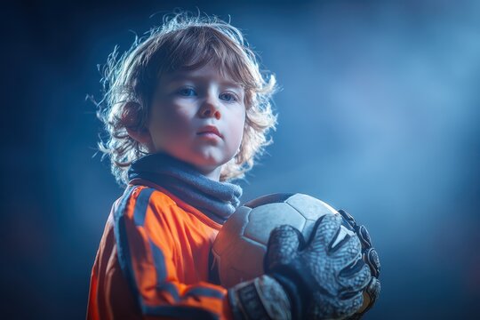 Young goalkeeper in gloves sports theme