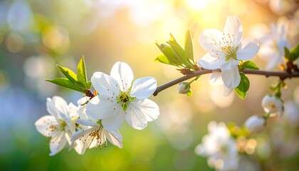 Close-up of delicate white blossoms on a sunlit branch