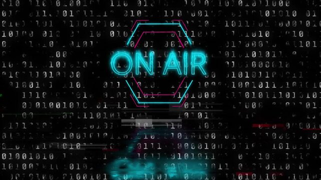 Streaming binary code starting glitches forming neon hexagon and ON AIR letters flickering signal