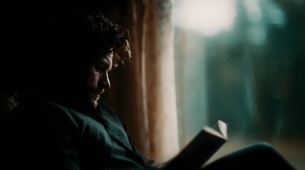 A thoughtful man engrossed in reading a book by a window bathed in soft natural light with a blurred outdoor scene