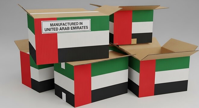 UAE Manufacturing - Boxes with United Arab Emirates Flag Design. - Powered by Adobe