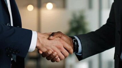 Close-up of business people shaking hands after successful deal, professional partners greeting in modern office