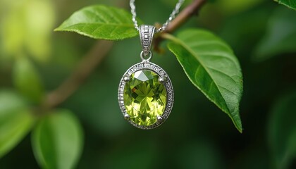 Elegant jewelry pendant with large green peridot gemstone hangs on silver chain. Precious oval stone framed by small diamonds in natural garden setting. Luxury fashion accessory with beautiful