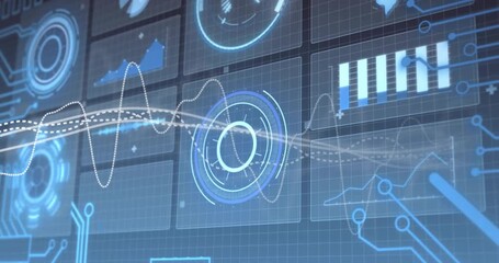 System activating HUD animating waveforms and shifting bar chart for real-time data visualization - Powered by Adobe