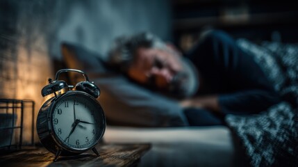 In the foreground a focused alarm clock A stressed man in bed struggles with insomnia at night