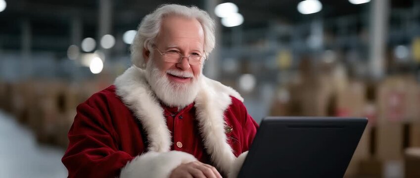 A joyful character wearing festive attire reviews his list on a laptop in a bustling storage area surrounded by gifts and packages