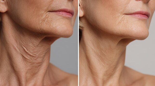 Detailed view of folds on an elderly woman s neck Before and after collage of rejuvenation Beauty and women s health concept Facelift