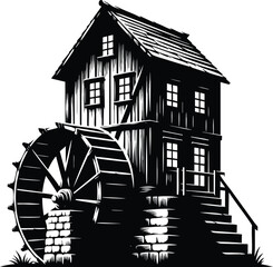 Old Wooden Watermill Illustration with Large Wheel isolated on a white background