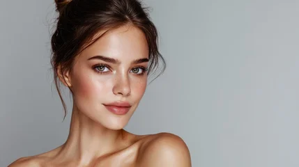 Wanddecoratie Schoonheidssalon Attractive woman with minimalist makeup and bare shoulders posing against a gray backdrop showcasing beauty and skincare  © LimeSky