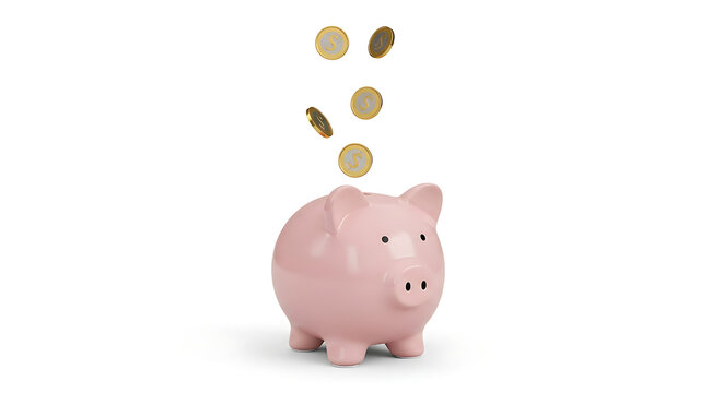 Pink piggy bank with golden coins floating around
