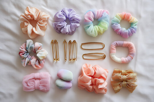 Vibrant collection of colorful scrunchies, hair clips, and bows, perfect for fashion, beauty, and lifestyle content, adding a touch of elegance.
