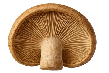 Edible mushroom underside revealing detailed gills and stalk structure, isolated on a transparent alpha channel background