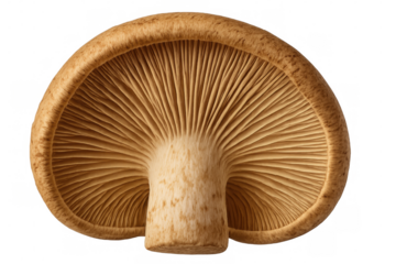 Edible mushroom underside revealing detailed gills and stalk structure, isolated on a transparent alpha channel background