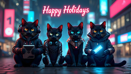Happy Holidays: Four futuristic black cats in a neon city setting