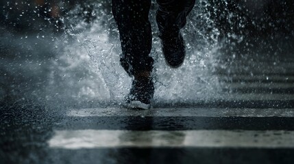 Dynamic motion of a person running through a rain soaked crosswalk creating a large water splash