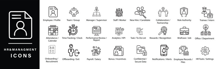 human resource icons for team management, recruitment, and leadership visuals.