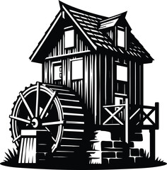 Old Wooden Watermill Illustration with Large Wheel isolated on a white background