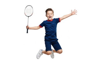 Young boy in a blue tshirt shorts, jumping a badminton racket, isolated on transparent background