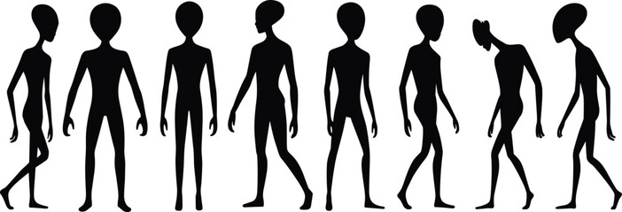 Alien silhouette evolution sequence, extraterrestrial humanoid figures, futuristic sci-fi concept, abstract alien posture transformation, mysterious creature shapes, fantasy extraterrestrial beings