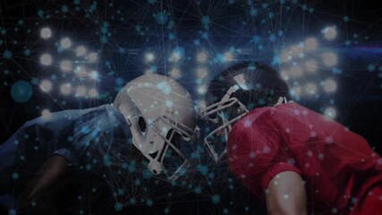 Football players converging and clashing helmets with data overlay pulsing for sports analysis - Powered by Adobe