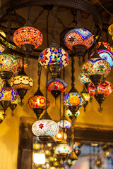 Traditional handmade mosaic lamps at Arab market  or bazaar in Dubai. UAE 