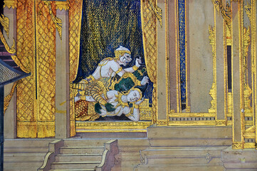 A scene from the Ramakien. Wat Phra Kaew, Bangkok, Thailand