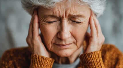 Close up image of an elderly woman distressed by a severe migraine attempting to soothe herself after a loud argument with her partner